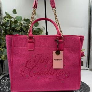 Juicy Couture Pink Beach Tote Bag Velour Embroidered Rhinestone Gold Chain NWT